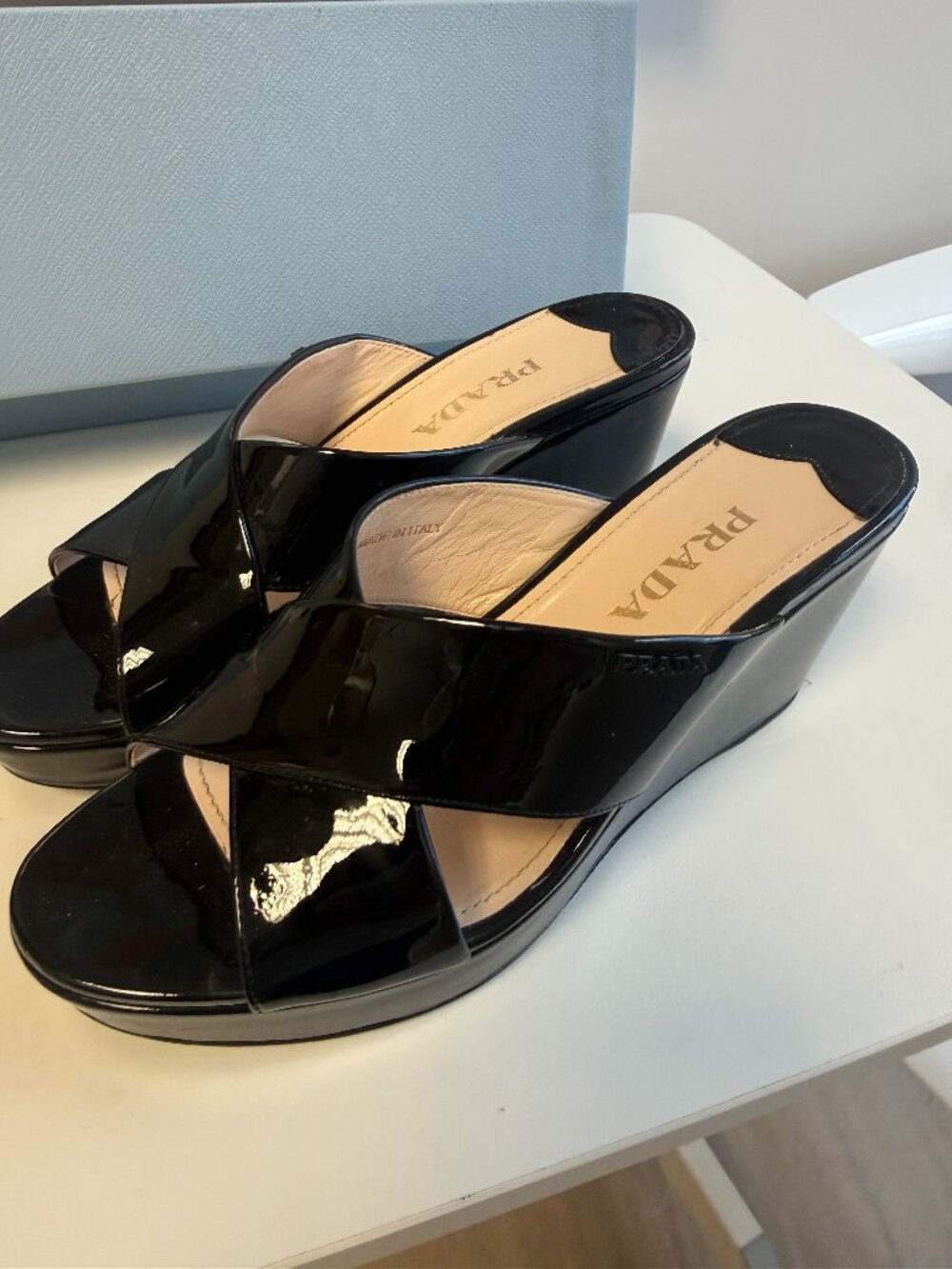 Prada Black Patent Leather Criss Cross Wedge Mule 37.5 Box Receipt Italy